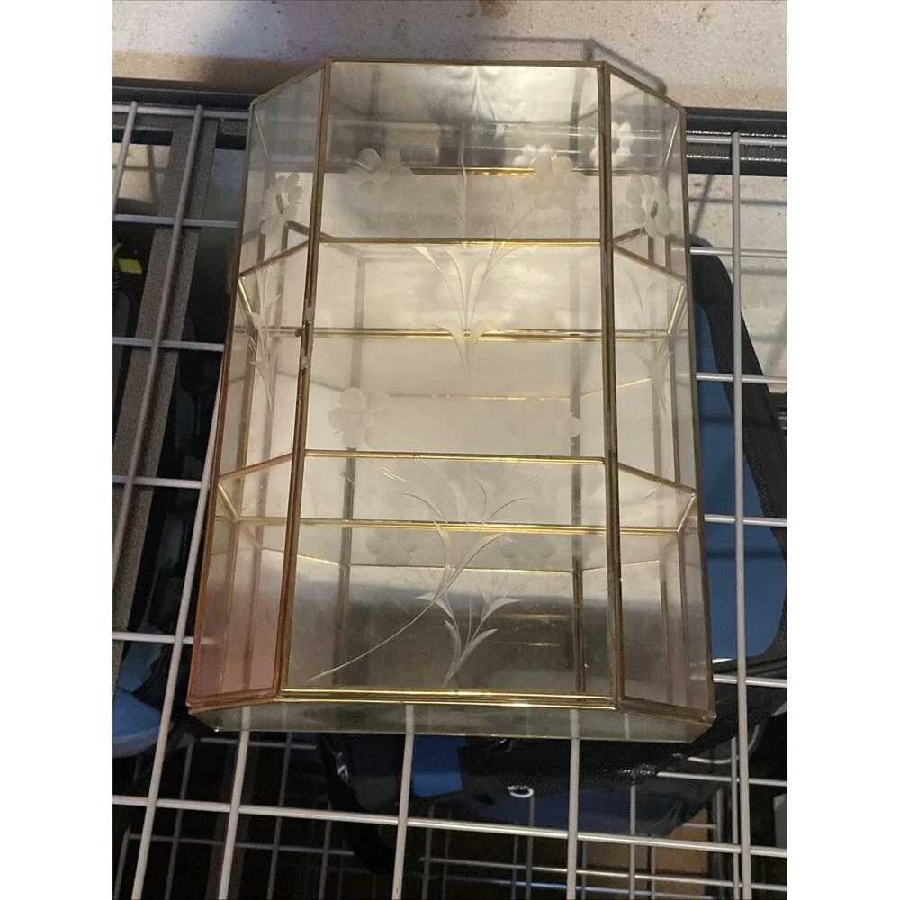Vintage Etched Glass Brass Display Case Curio Cabinet Mirrored Back Wall Shelf